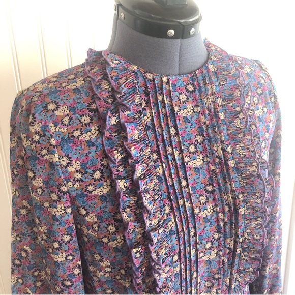 Vintage Ruffles Pleats Floral Dress Long Sleeve Colorful Fuchsia Lavender Silky - Picture 3 of 16